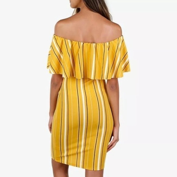 𝅺ALMOST Famous  Junior Womens L Mustard Black Stripe Off The Shoulder - Picture 2 of 6